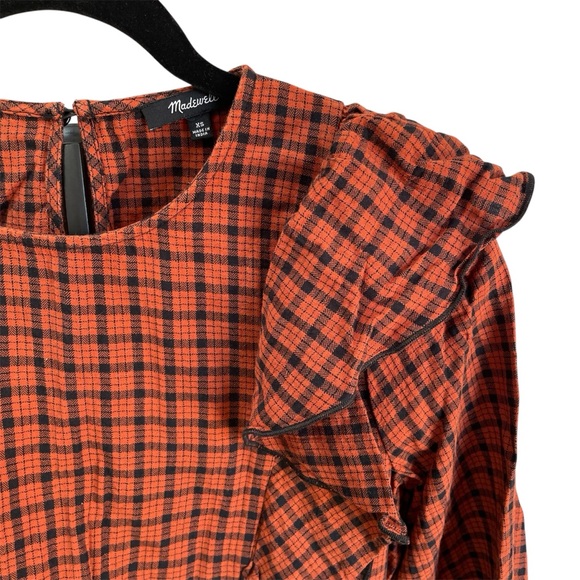 MADEWELL Ruffle Front Top Plaid Warren Check Faded Rust Orange XS - Picture 3 of 6